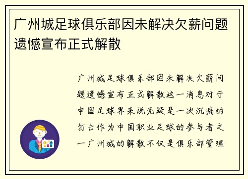 广州城足球俱乐部因未解决欠薪问题遗憾宣布正式解散 广州城足球俱乐部因未解决欠薪问题遗憾宣布正式解散