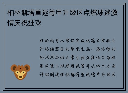 柏林赫塔重返德甲升级区点燃球迷激情庆祝狂欢