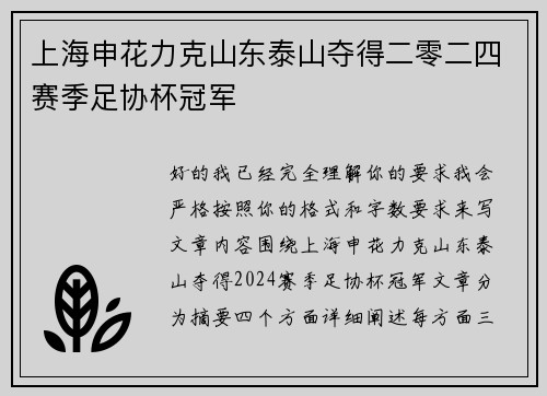 上海申花力克山东泰山夺得二零二四赛季足协杯冠军 上海申花力克山东泰山夺得二零二四赛季足协杯冠军