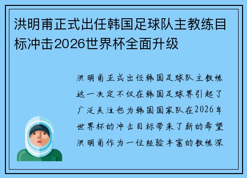 洪明甫正式出任韩国足球队主教练目标冲击2026世界杯全面升级